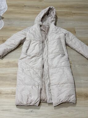 Long Hooded Puffer Coat in Light Beige